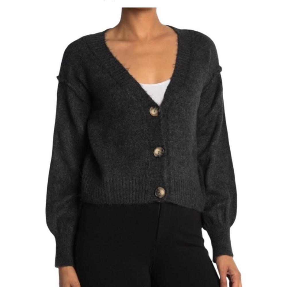 🌸Topshop‎ Dark Gray Long Puff Sleeve V Neck Cardigan Sweater Size 4-6